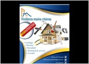 Cette oeuvre est un flyer présentant la liste des services de la start-up \"finition moins chère\". Dessus nous avons le logo de la start-up, la liste des services et les contacts. Tout ceci accompagné par un design captivant.