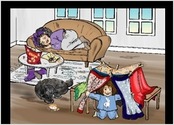 illustration de l'après-midi la nounou s'est endormie dans un désordre, la petite s?ur a fait une cabane avec les foulards de sa maman