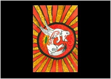 Illustration basée sur le jeu vidéo Okami, le loup iconique de ce jeu est mis sur un fond de soleil en rouge et jaune. 