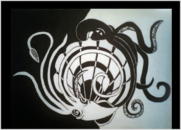 Peinture acrylique noire et blanche représentant un calamar et une pieuvre d'un style stylisé et noir et blanc.