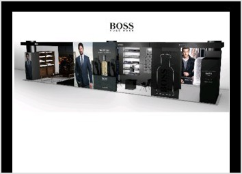 Design d'un stand pour Hugo Boss, magasin Séphora des Champs Elysées. 3D et plans côtés.