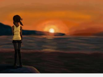 Il s'agit d'une colorisation dans laquelle une fille observe la plage et la mer, réalisée sus Photoshop