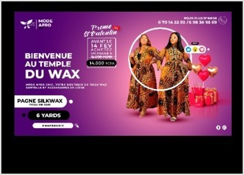 Réalisation d'une bannière pour réseaux sociaux, offre promotionnelle. Mode Afro Chic est une boutique en ligne spécialisé dans la vente de tissu pagne wax au motif africain, dentelle et accessoires.
