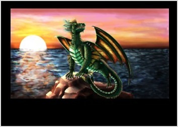 Illustration d'un dragon sous un soleil couchant, réalisé sous Photoshop. Oeuvre personnelle, non réalisée dans le cadre d'un projet.