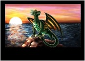 Illustration d'un dragon sous un soleil couchant, réalisé sous Photoshop. Oeuvre personnelle, non réalisée dans le cadre d'un projet.