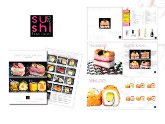 Création du logo et réalisation d'un catalogue, du packaging et d'un flyer A4 pour ce restaurant à sushi de luxe. La prestation comprend le détourage et la colorimétrie de 200 photos de sushis environ avant la mise en page des différents éléments.