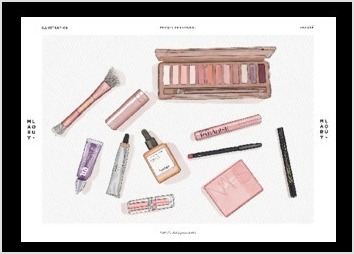 Illustration personnelle d'une sélection de produits de maquillage. Visuel pouvant être exploité dans un magazine par exemple ou sur les réseaux sociaux.
