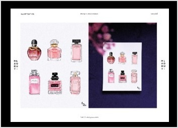 Planche tendance regroupant un panel de parfums dans les tons roses.