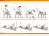 Illustrations intégrées à des fiches pédagogiques pour aider les patients atteints de douleurs articulaires et de fatigue chronique à faire des exercices antalgiques de rééducation physique.