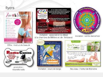 Flyers raliss pour deux centre de bien-tre, une radio canine, un bar Lounge, une discothque et pour la chambre de Mtiers et de l Artisanat de Bordeaux Le tarif dpend des lments donns par le client (fourniture de logos, photos, la rdaction du texte, le temps pass est  calculer sur chaque projet)