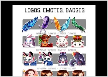 Voici un visuel regroupant tous les logos/badges/emote que j'ai pu faire jusqu'à présent, pour des particuliers (twitch/youtube, site, usage personnel etc...)