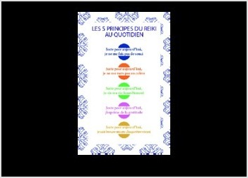 L'image présentée est un design promotionnel pour une collection de petits coffrets intitulée "Les 5 principes du Reiki au quotidien", éditée par Éditions Contre-Dires. Voici une description détaillée de l'image :
?	Titre : "LES 5 PRINCIPES DU REIKI AU QUOTIDIEN", écrit en haut de l'image en majuscules et en bleu foncé.
?	Structure : L'image est structurée verticalement, avec cinq principes du Reiki, chacun accompagné d'une couleur et d'une forme ovale, rappelant les chakras.
?	Les cinq principes (présentés en français, chacun commençant par "Juste pour aujourd'hui") :
1.	"Je ne me fais pas de souci" (couleur bleue).
2.	"Je ne me mets pas en colère" (couleur orange).
3.	"Je vis ma vie honnêtement" (couleur verte).
4.	"J'exprime de la gratitude" (couleur violette).
5.	"Je suis bon.ne envers chaque être vivant" (couleur jaune).
?	Ornementation : L'image est décorée de motifs floraux bleus que j?ai imaginé, dessinés à la main puis vectorisé par ordinateur. Ils sont disposés à gauche et à droite, donnant une apparence harmonieuse et sereine, en accord avec l?esprit du Reiki.
