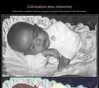 Colorisation après de très légères retouches sur la photo du bébé qui avait était prise en noir et blanc avec un apareil argentique, la photo a été scannée puis légèrement améliorée avant de la coloriser sous le logiciel de retouche d'images : Photoshop.