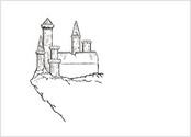 Cette illustration réalisée de tête, uniquement les tracés noirs, pour une école. (A quoi ressemble les châteaux forts, dans l'imaginaire enfantin)
Croquis effectué rapidement sur photoshop à la tablette graphique.