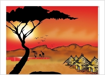 D'après une demande spécifique, réalisation d'un paysage de type gravure africaine, selon un thème et des couleurs souhaitées par ma cliente.

Illustration réalisée sur Photoshop, à la tablette graphique et avec effets et filtres.
Par calques, tracé noir préalable, puis colorisation et insertion des effets.