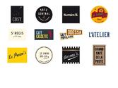 échantillon de création de logos et d'identités visuelles pour différentes marques, bars et restaurants parisiens.