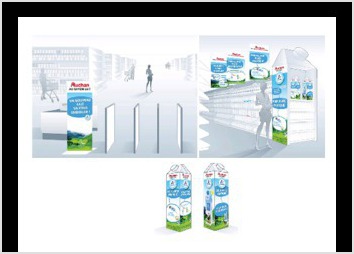 Habillage packaging et appels promo en rayon pour la sortie du nouveau lait Auchan "lait des montagnes" en partenariat avec Tetrapack