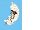 Image de rêve évoqué par le croissant de lune et la jolie femme en tenue légère, association avec un fond plutôt art contemporain