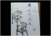 Dessins réalisés autour de la conception d'une chaise en bois en collaboration d'un designer d'objet
