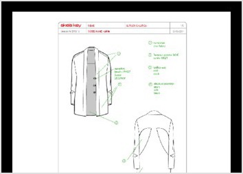 Exemple de fiche technique
3 tapes de ralisation d une FT:

. 1re fiche: Dessin  plat en non couleur avec rfrence matire et dtails de fab (type d ourlet, de couture etc)
. 2me fiche: Dessin  plat avec mesures
 .3me fiche: Mise en couleur avec effet matire