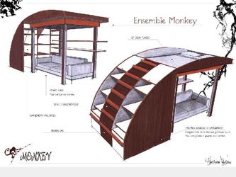 Lit Double "MONKEY"  . Ensemble chelle ergonomique et rangements. / . Facilit, confort et scurit d accs au lit. / . Ensemble indpendant de la structure porteuse du lit, peut tre plac a gauche ou a droite du lit. / . Tiroirs bas de grande capacit. / . Niches hautes refermables. / . Deux tagres fixes aux pieds du lit. / . Espace libre pour canap ou bureau.