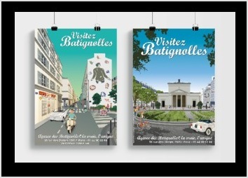 Création d'affiche représentant le quartier des batignolles à Paris dans un style vintage