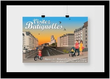Cration d affiche reprsentant le quartier des Batignolles  Paris dans un style vintage