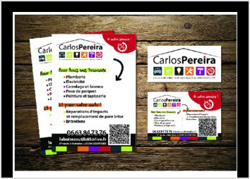 Réalisation de l'identité visuelle de Carlos Pereira.
Entreprise de multi-services (réparations automobiles, réparations d'impacts, travaux d'intérieurs et d'extérieurs...).

Logo, cartes de visite, flyers.