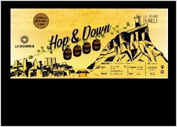 Illustration de l'étiquette de bière la Hop & Down, une stout vieillie en fût de chêne 6 mois, collaboration entre la Dourbie et La Bonne Fabrique. La Dourbie est située à Grenoble et la Bonne Fabrique au Sappey-en-Chartreuse d'où ce visuel. Dessin à la main au feutre fin noir.
