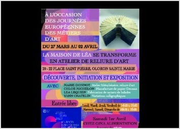 Flyer créer en s'inspirant de la chârtre des journées européennes des métiers d 'art 2023, pour un atelier de reliure de papier dans une galerie d'art.

Réalisation de l'habillage graphique, les textes étaient fournis par le client.

Travail en urgence, rendu en moins de 24 h.