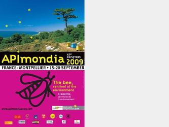 Affiche cre pour le salon Apimondia  Montpellier en 2009. Avec dclinaison : Flyers et panneaux d expositions.