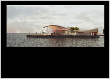 "La vague", projet d'architecture avec une toiture en forme de vague en bord de mer. sur les quais d'une ville. Le projet abrite des exposions et diverses événements.