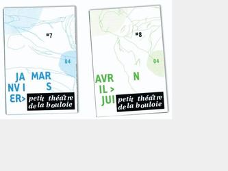 Petit thtre de la Bouloie 2identit visuelle + programmes2004* Graphiste indpendant.Le projet artistique du Petit thtre de la Bouloie sest prcis et a pris un virage a 180.Dornavant la programmation se tourne rsolument vers laccompagnement de forme de cration contemporaine, se traduisant par laccueil de spectacles de musique, danse improvises, par la prsentation de travaux en cours de cration.Impression 2 couleurs.
