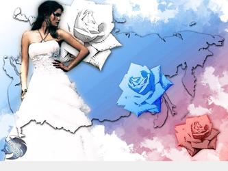 Affiche réalisée pour illustrer une présentation sur le commmerce de robes de mariées en Russie ( d'où les couleurs, et le pays en fond )
