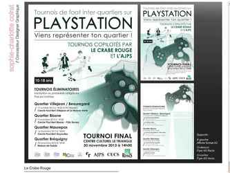 Création dune Affiche au format A3, et dun flyer recto/verso au format A5. Ces supports de communication présentent les tournois de foot sur Playstation organisés par Le Crabe Rouge à Rennes.