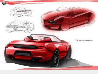 Proposition de style pour un nouveau spyder Alfa Romeo; Definition du style extérieur et intérieur: Respecter l'ADN et l'histoire de la marque, tout en apportant une évolution sensible au style actuel.
Sketches (croquis) à la main, mise en couleur Photoshop.