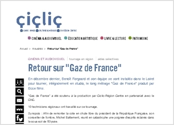 En décembre dernier, Benoît Forgeard et son équipe se sont installés dans le Loiret pour tourner, intégralement en studio, le long métrage "Gaz de France" produit par Ecce films. 

"Gaz de France" a été soutenu à la production par Ciclic-Région Centre en partenariat avec le CNC.

10 techniciens régionaux ont travaillé sur ce tournage.

Synopsis : Afin de remonter la cote en chute libre du président de la République Française, son conseiller de l'ombre, Michel Battement, réunit en catastrophe une poignée d'esprits éclairés dans le sous-sol de l'Elysée.

Retour sur le plateau du tournage avec le réalisateur...&#65279;